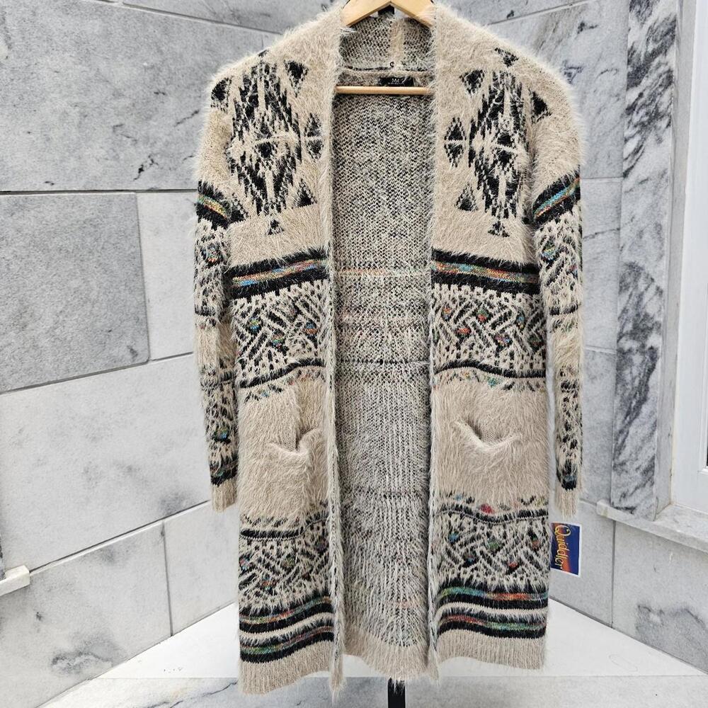 My Michelle Women's Cream and Multicolored Fuzzy Cardigan